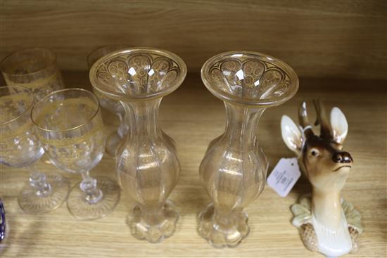 A pair of Bohemian gilt etched glass vases and assorted glassware